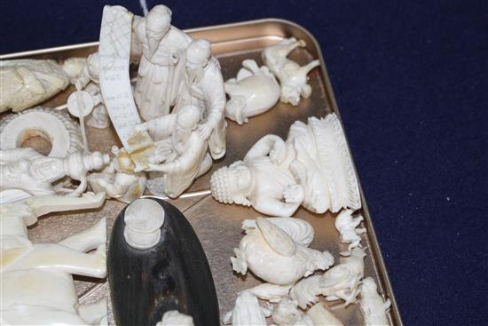 A group of assorted pre WWII ivory carving, mostly animals, together with several resin carvings